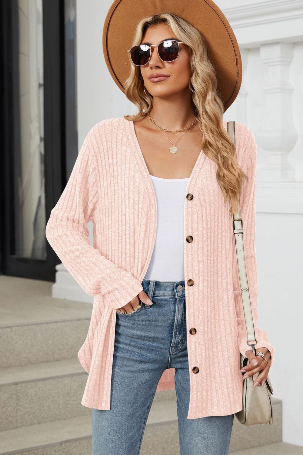 Blue Zone Planet | Ribbed Button Up Long Sleeve Cardigan-TOPS / DRESSES-[Adult]-[Female]-Watermelon pink-S-2022 Online Blue Zone Planet