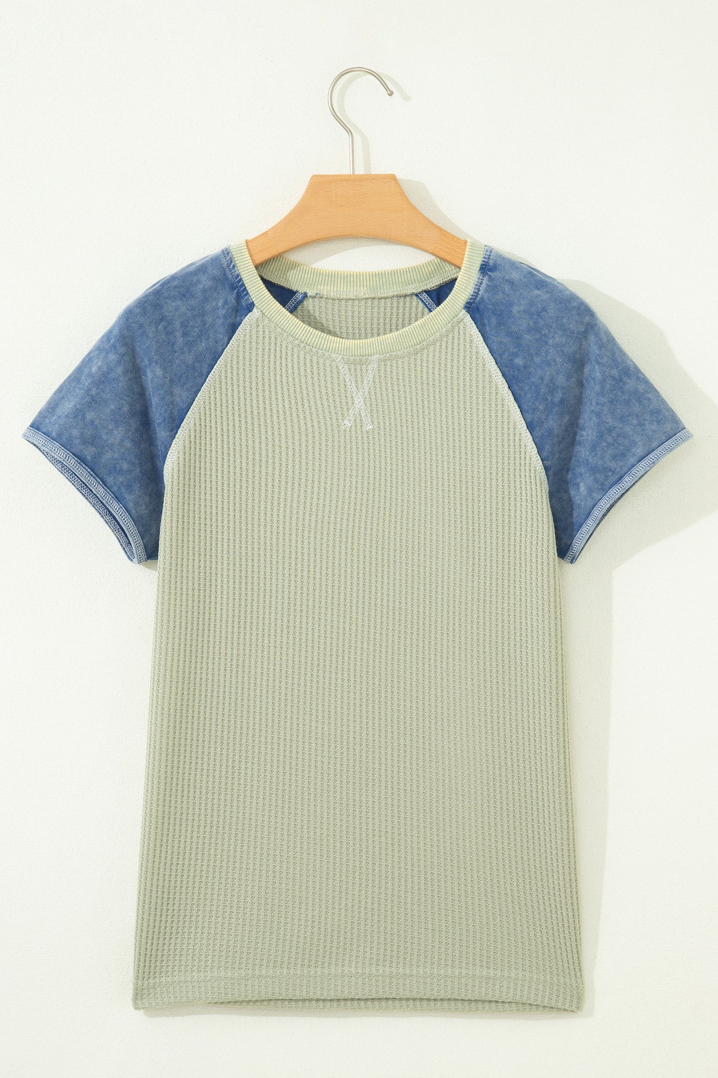 Carbon Grey Waffle Knit Seam Detail Color Block Patchwork Short Sleeve Top-Tops/Tops & Tees-[Adult]-[Female]-2022 Online Blue Zone Planet