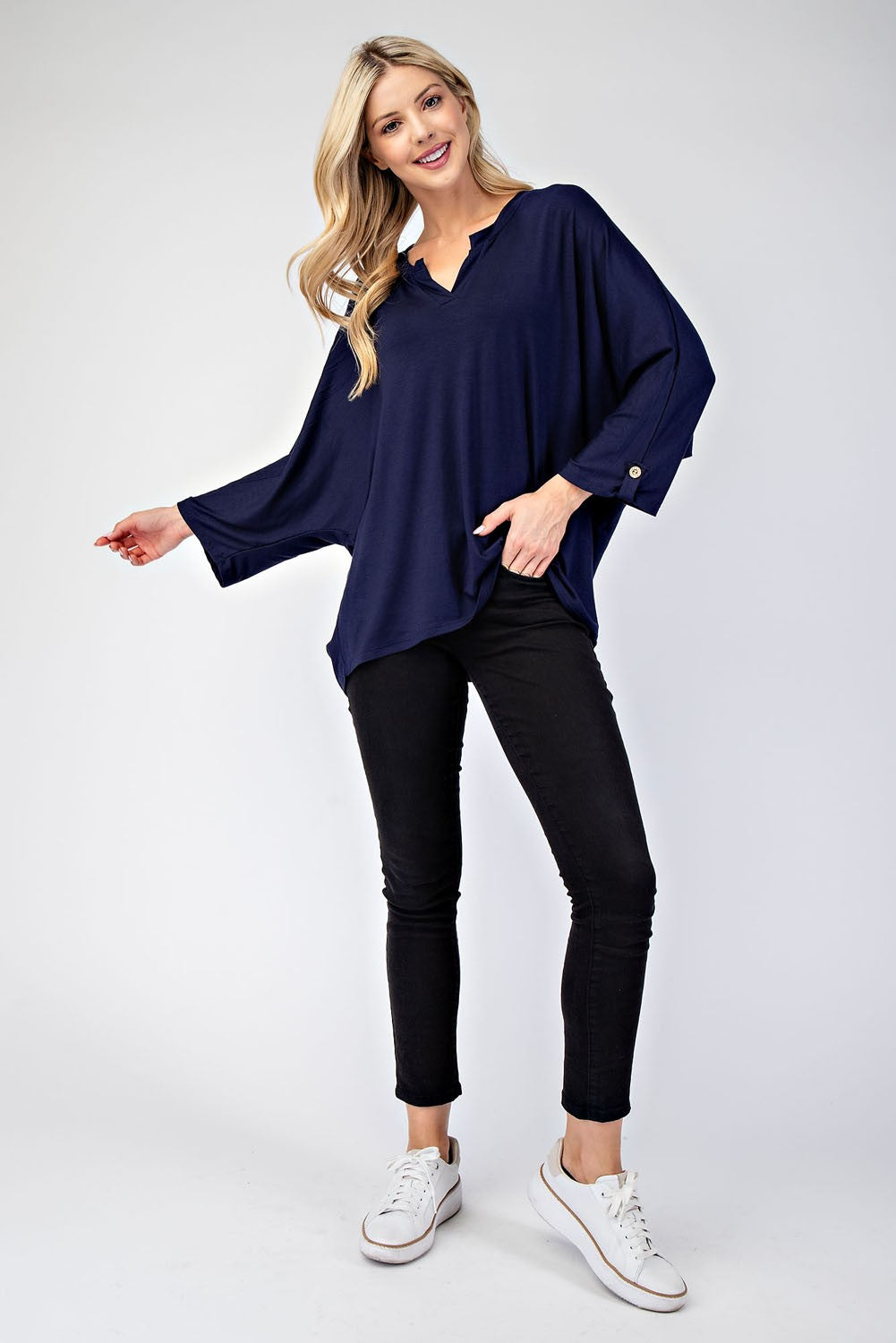 Celeste Full Size Notched Three-Quarter Sleeve Blouse-TOPS / DRESSES-[Adult]-[Female]-2022 Online Blue Zone Planet