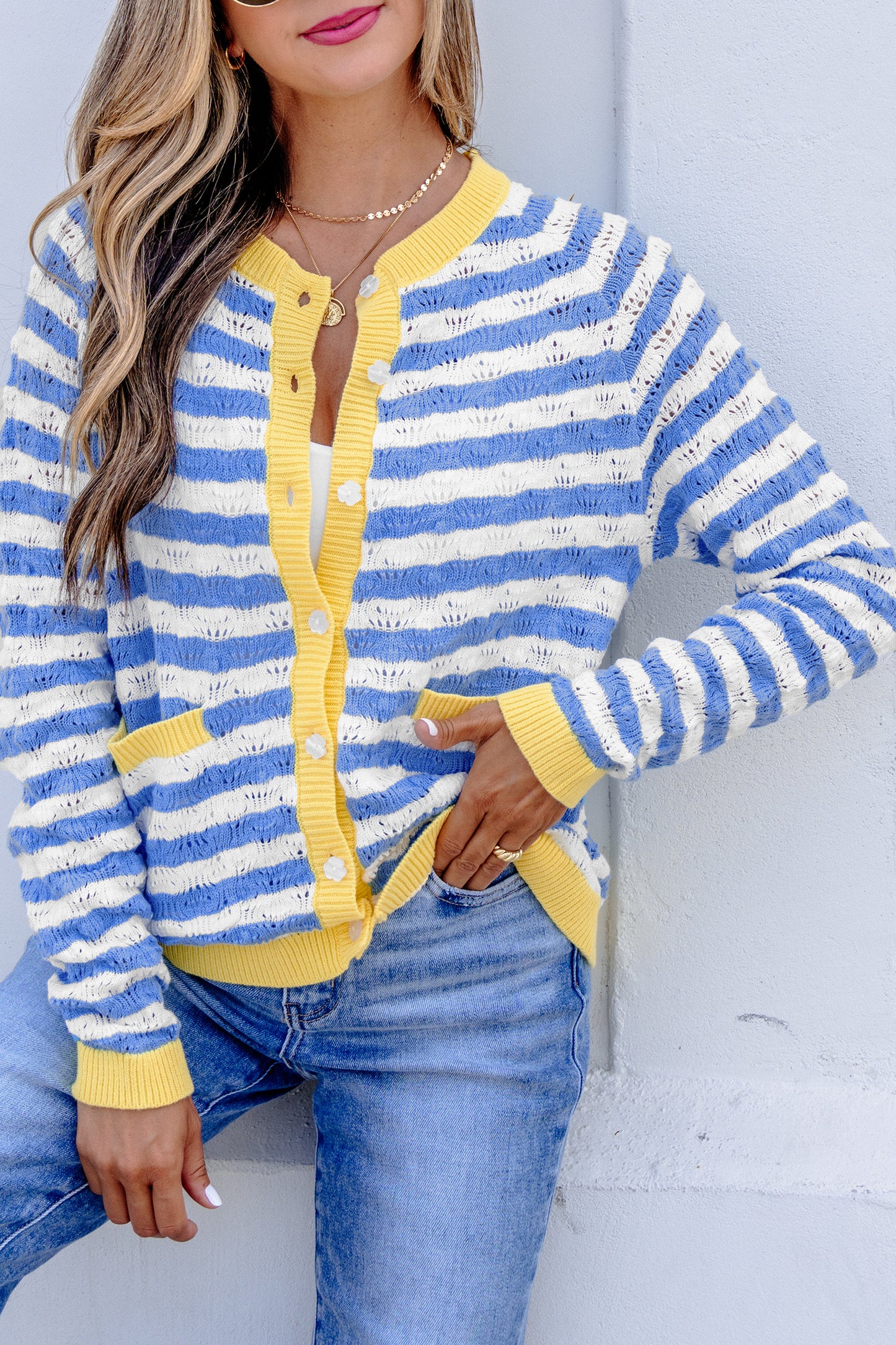 Sky Blue Stripe Striped Colorblock Button Front Long Sleeve Loose Fit Knit Cardigan
