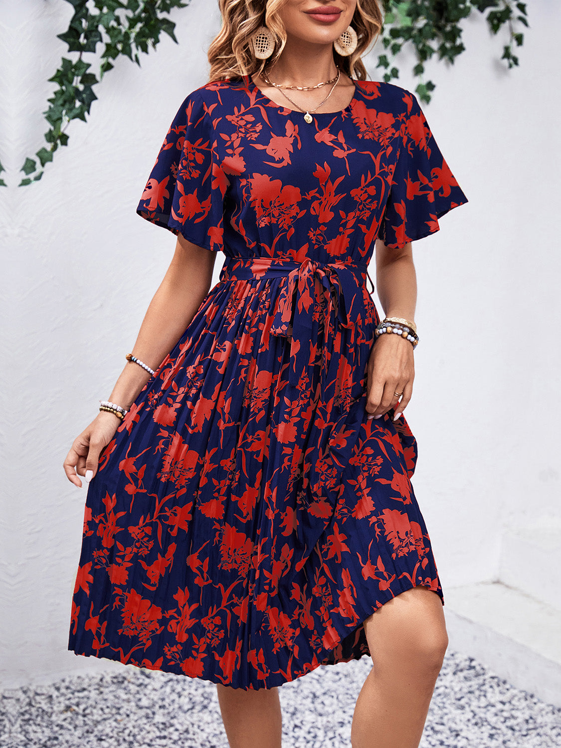 Printed Round Neck Short Sleeve Dress-TOPS / DRESSES-[Adult]-[Female]-2022 Online Blue Zone Planet