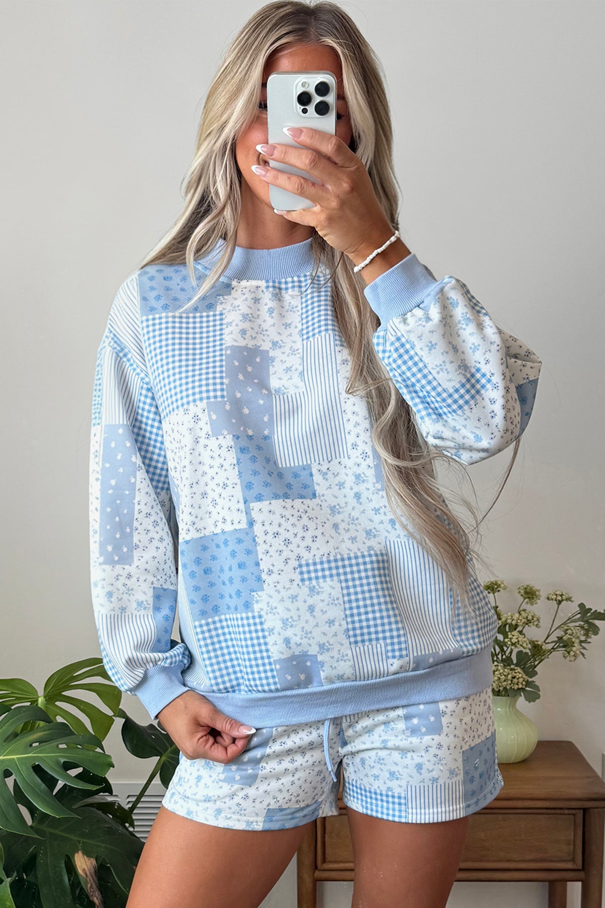 Sky Blue Patchwork Floral Print Drop Shoulder Baggy Pullover Drawstring Shorts Set-Two Piece Sets/Short Sets-[Adult]-[Female]-2022 Online Blue Zone Planet
