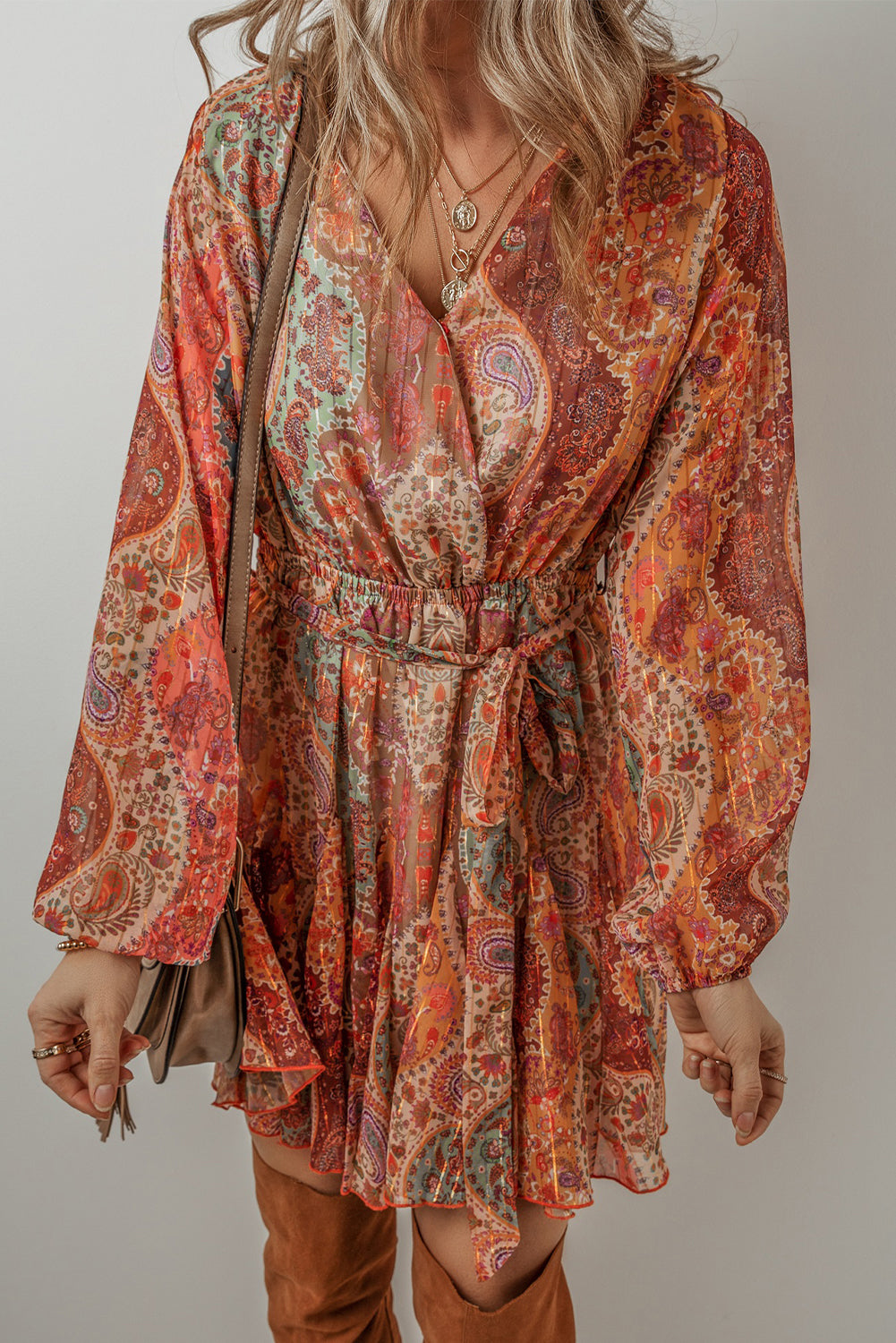 Blue Zone Planet | Orange Boho Paisley Print Long Sleeve Pleated Belted Mini Dress-TOPS / DRESSES-[Adult]-[Female]-2022 Online Blue Zone Planet