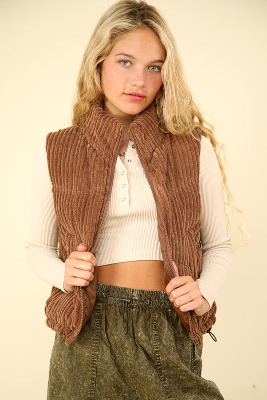 VERY J Zip Up Padded Corduroy Puffer Vest-TOPS / DRESSES-[Adult]-[Female]-Chocolate-S-2022 Online Blue Zone Planet