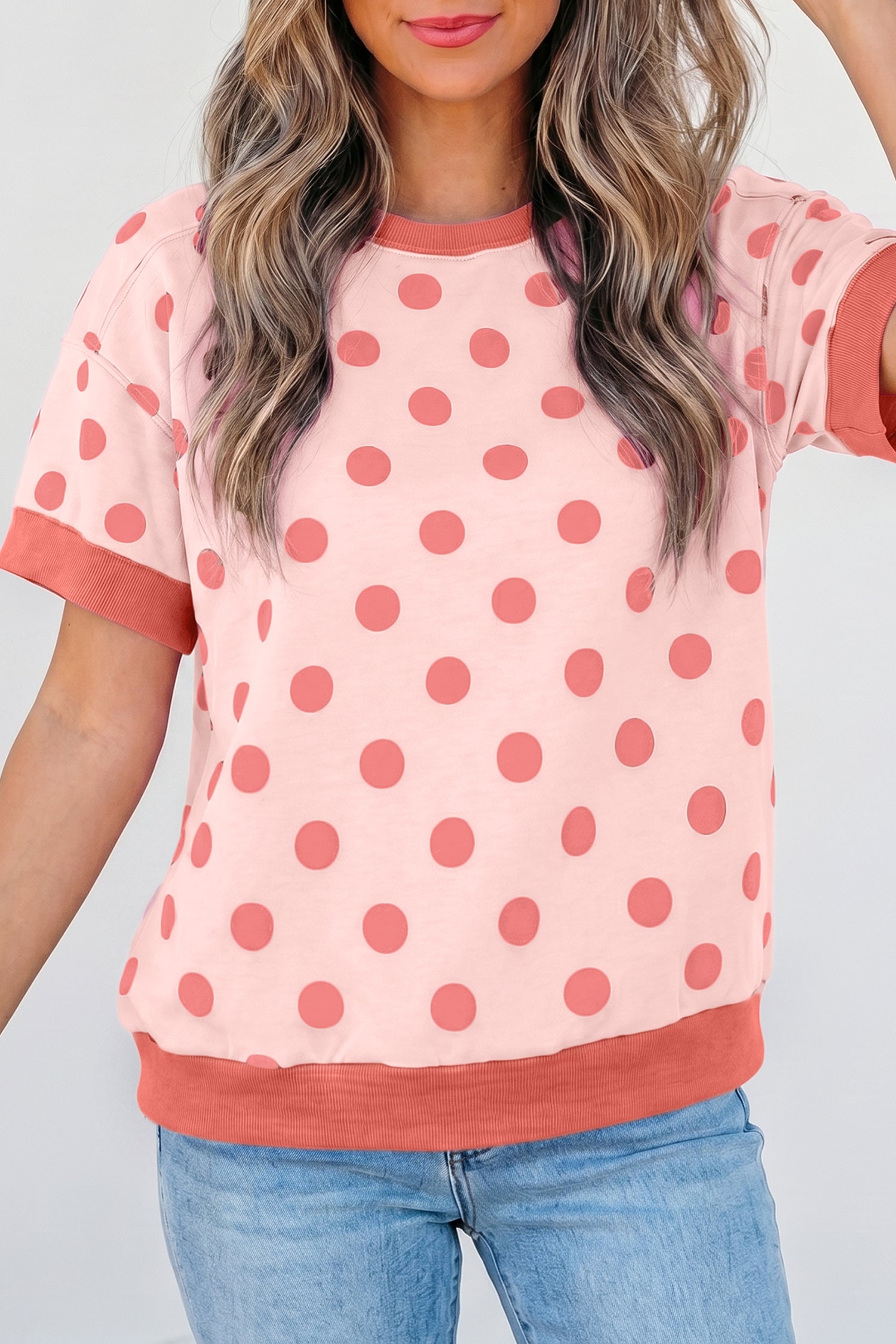 Pink Color Block Trim Polka Dot Casual Tee-Tops/Tops & Tees-[Adult]-[Female]-2022 Online Blue Zone Planet