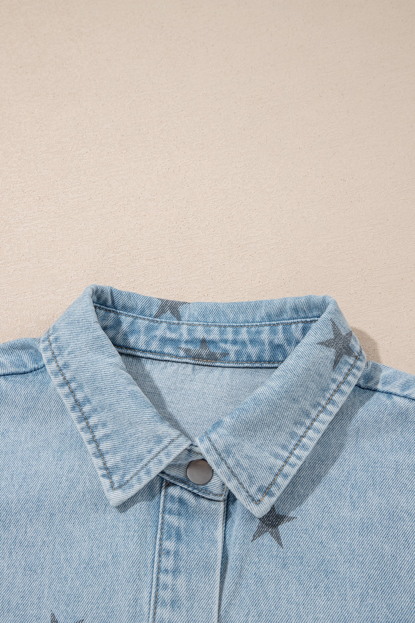 Sky Blue Stars Pattern Long Sleeve Shirt Collar Denim Jacket-Outerwear/Denim jackets-[Adult]-[Female]-2022 Online Blue Zone Planet