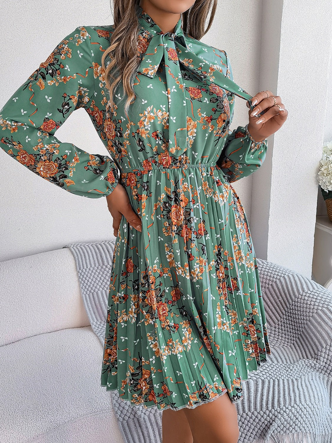 Pleated Printed Tie Neck Long Sleeve Dress-TOPS / DRESSES-[Adult]-[Female]-2022 Online Blue Zone Planet