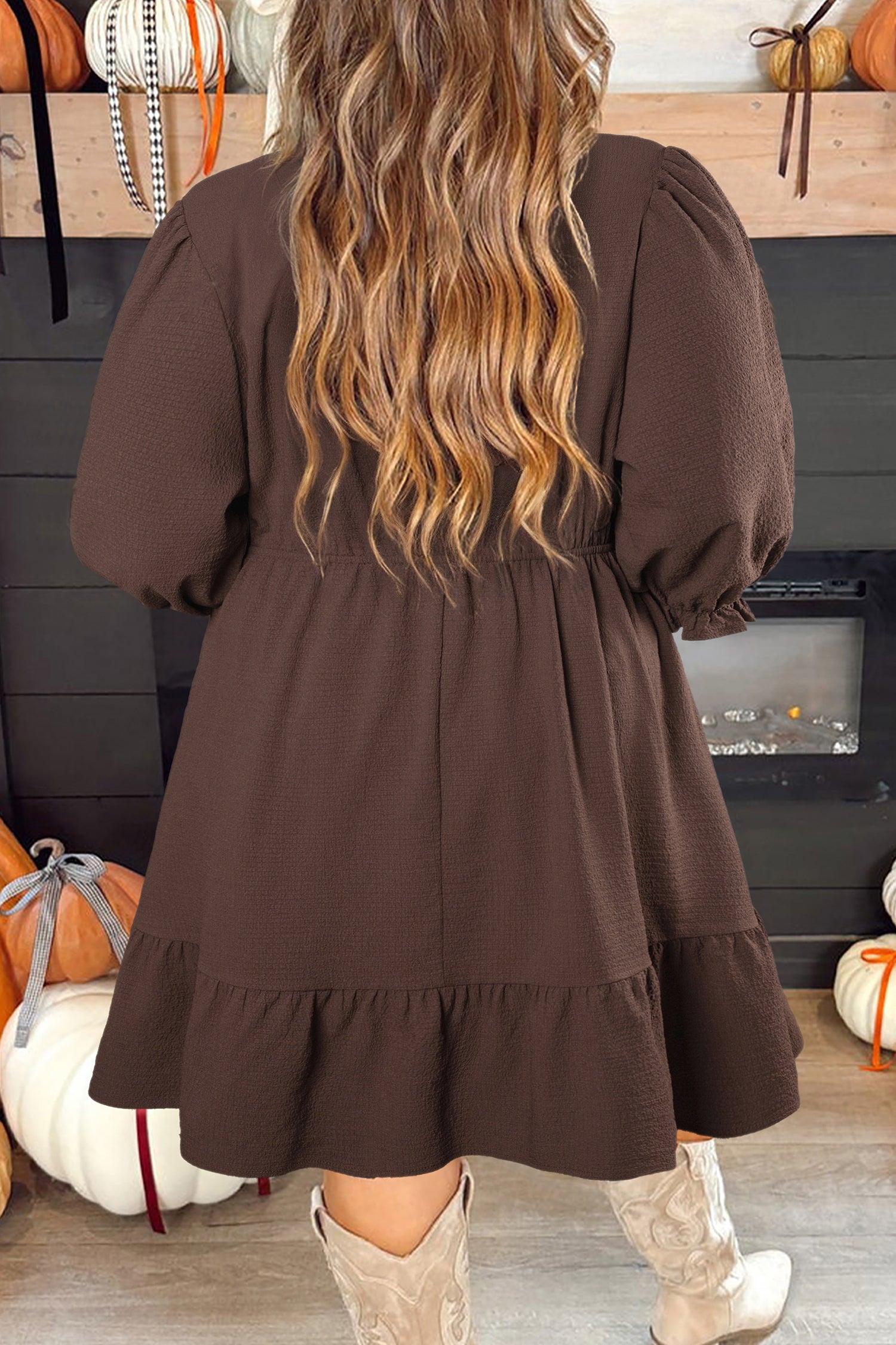 Coffee Plus Size Frilled Trim V Neck Puff Sleeve Textured Mini Dress-Plus Size/Plus Size Dresses/Plus Size Mini Dresses-[Adult]-[Female]-2022 Online Blue Zone Planet