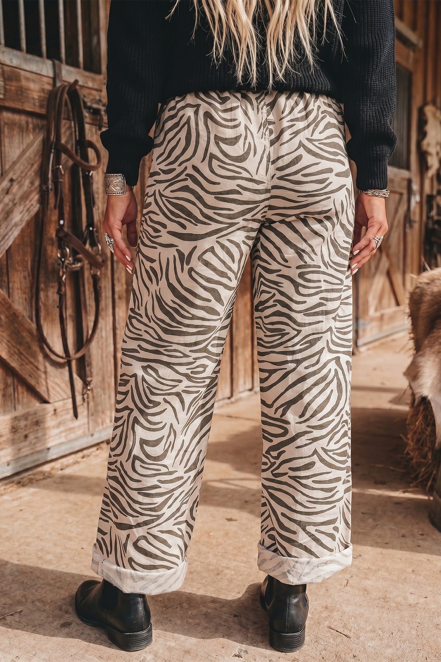 Multicolour Western Print Zebra Pattern Elastic Waist Pocket Full-Length Pants-Bottoms/Pants & Culotte-[Adult]-[Female]-2022 Online Blue Zone Planet
