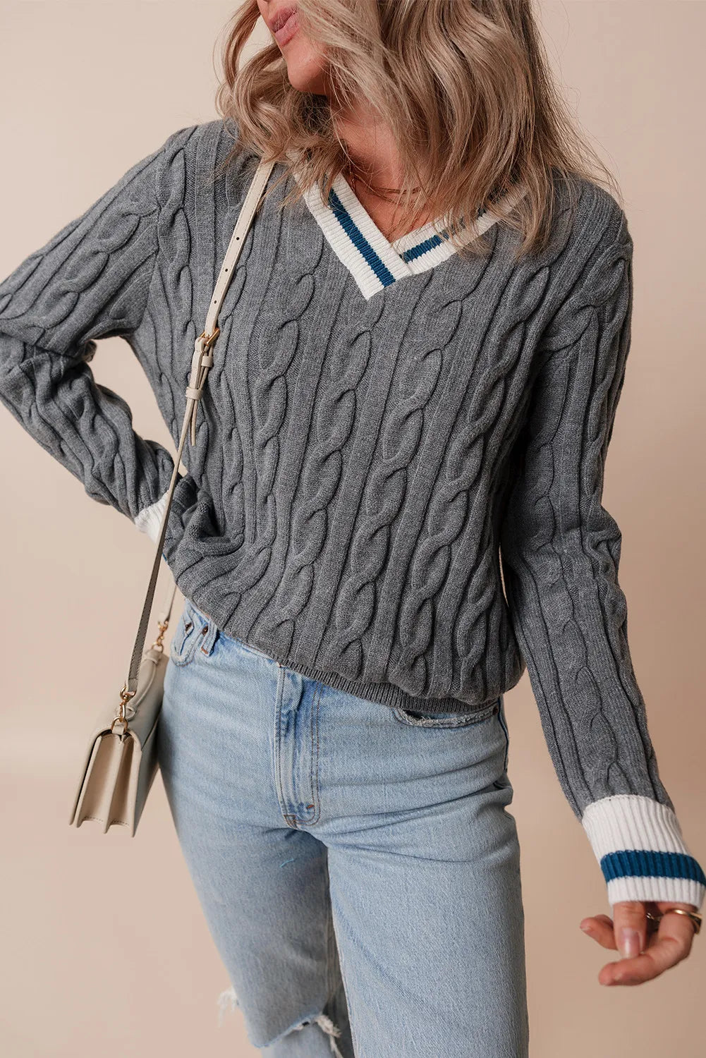 Blue Zone Planet | Cable-Knit V-Neck Long Sleeve Sweater-TOPS / DRESSES-[Adult]-[Female]-2022 Online Blue Zone Planet