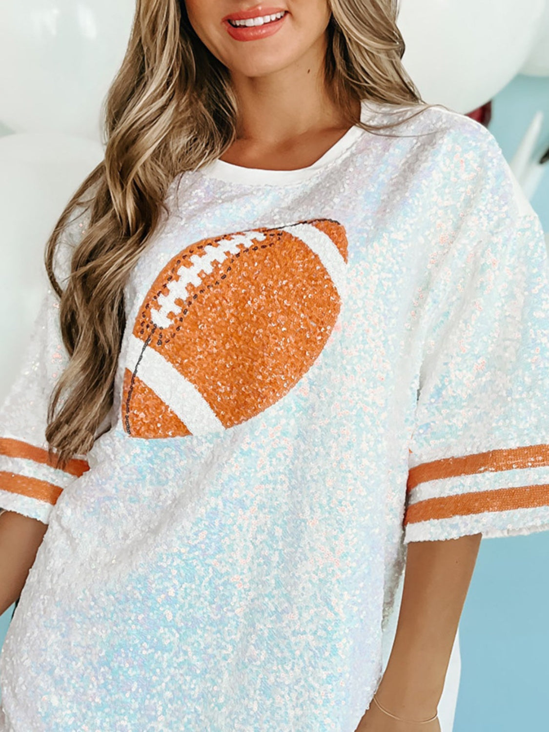 Blue Zone Planet | Sequin Football Round Neck Half Sleeve Oversize Top-TOPS / DRESSES-[Adult]-[Female]-2022 Online Blue Zone Planet