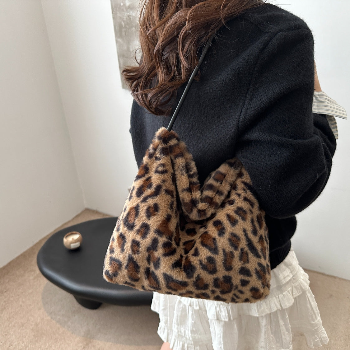 Blue Zone Planet | Leopard Furry Shoulder Bag-HANDBAGS-[Adult]-[Female]-2022 Online Blue Zone Planet