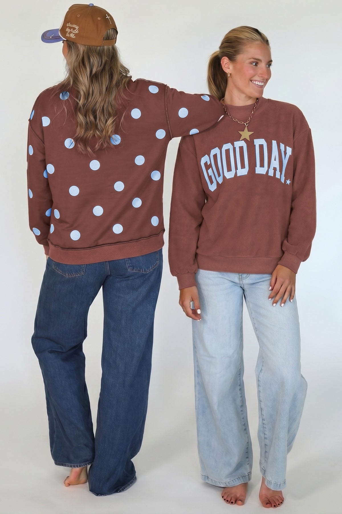 Clay Polka Dot/GOOD DAY Print Reversible Mock Neck Pullover Sweatshirt-Tops/Sweatshirts & Hoodies-[Adult]-[Female]-2022 Online Blue Zone Planet