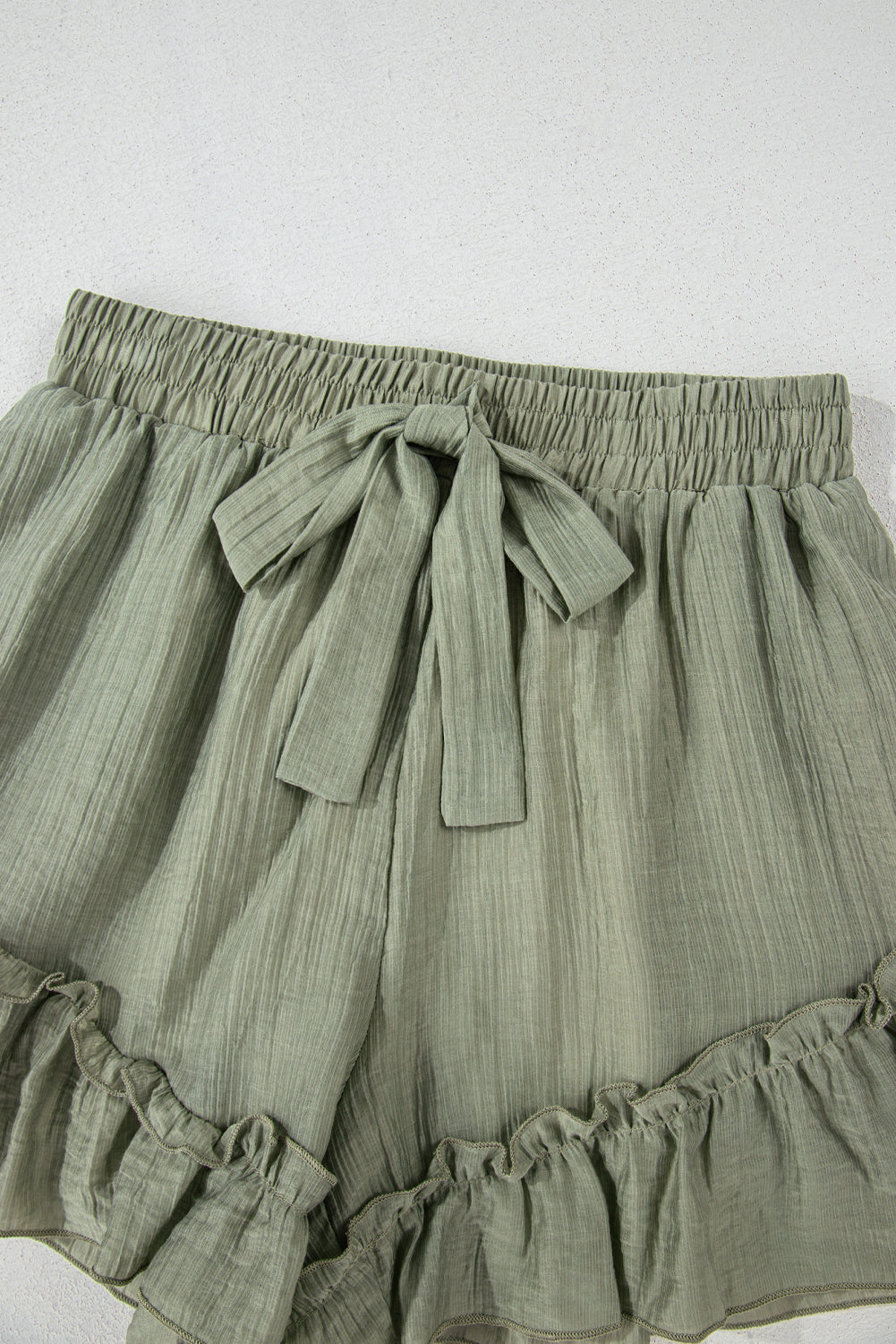 Laurel Green Textured Tie Waist Ruffle Hem Shorts-Bottoms/Casual Shorts-[Adult]-[Female]-2022 Online Blue Zone Planet