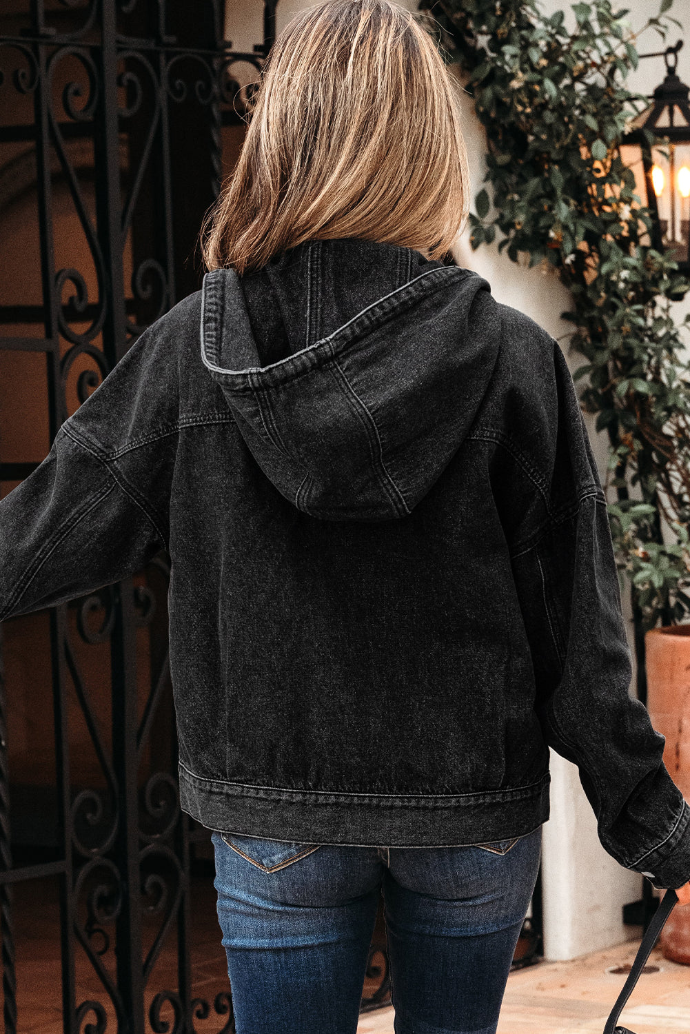 Black Big Chest Pocket Drop Shoulder Hooded Denim Jacket-Tops / Dresses-[Adult]-[Female]-2022 Online Blue Zone Planet