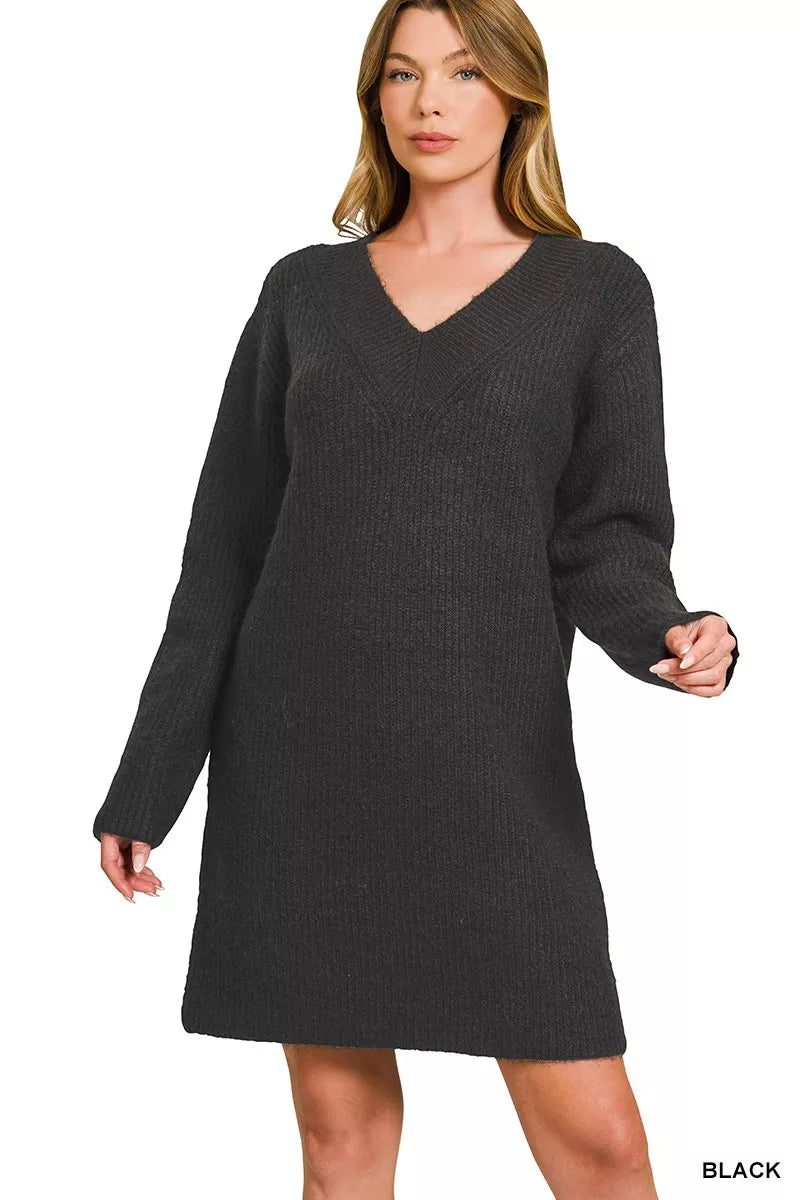 V-Neck Long Sleeve Ribbed Sweater Dress Black / M