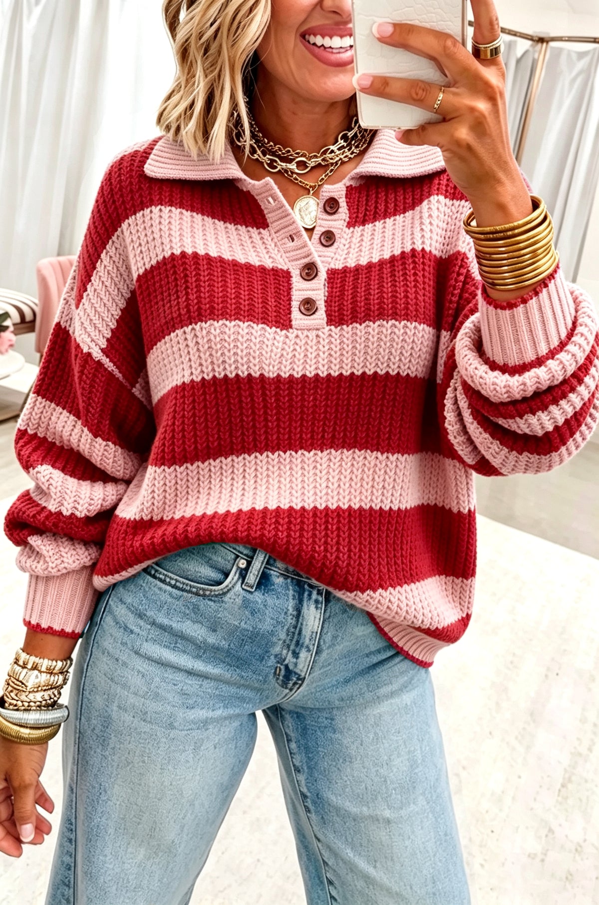 Racing Red Button Collar Dropped Shoulder Relaxed Pullover Sweater-TOPS / DRESSES-[Adult]-[Female]-Racing Red-S-2022 Online Blue Zone Planet