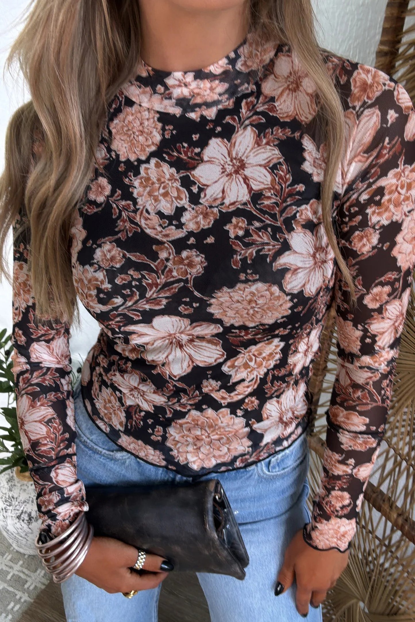 Black Floral Print Mesh Mock Neck Long Sleeve Top-Tops/Long Sleeve Tops-[Adult]-[Female]-2022 Online Blue Zone Planet