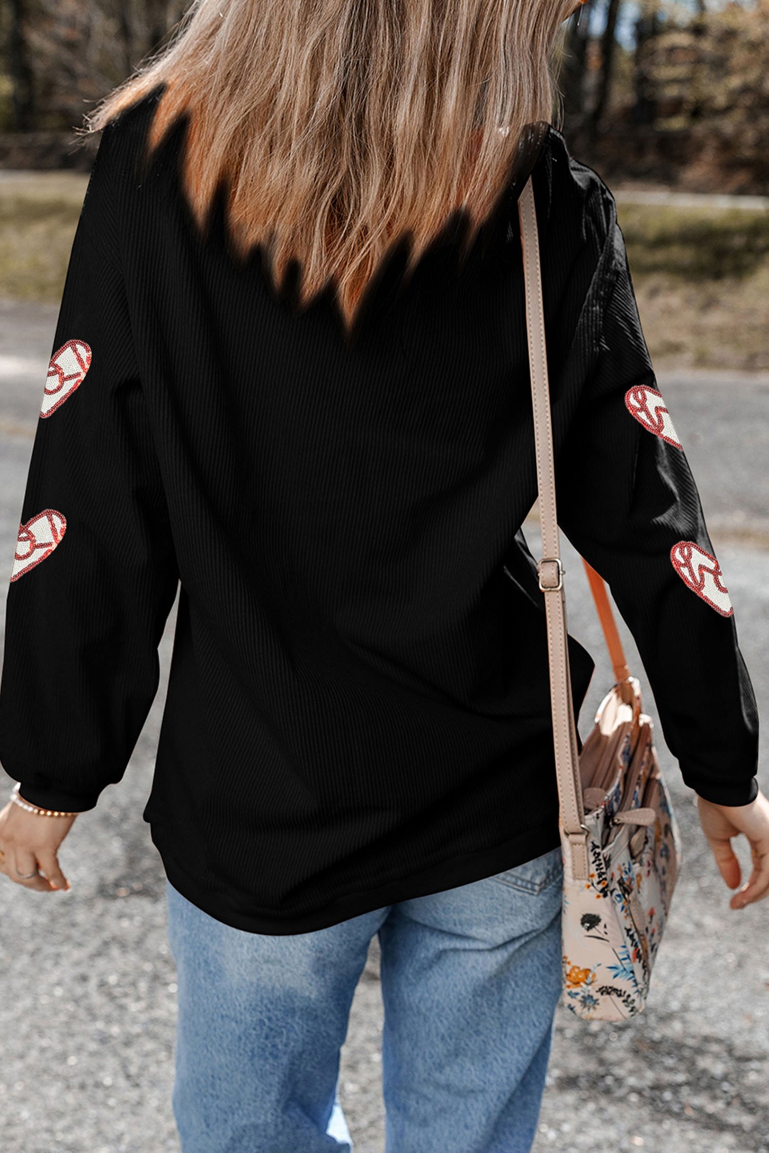 Black Corded Ribbed Love Heart Sequin Patched Graphic Sweatshirt-Graphic Sweatshirts-[Adult]-[Female]-2022 Online Blue Zone Planet