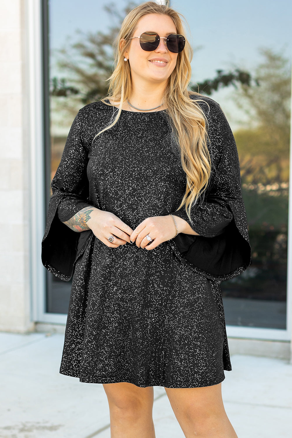 Blue Zone Planet | Black Plus Size Glitter Metallic Bell Sleeve Round Neck Mini Dress-TOPS / DRESSES-[Adult]-[Female]-2022 Online Blue Zone Planet