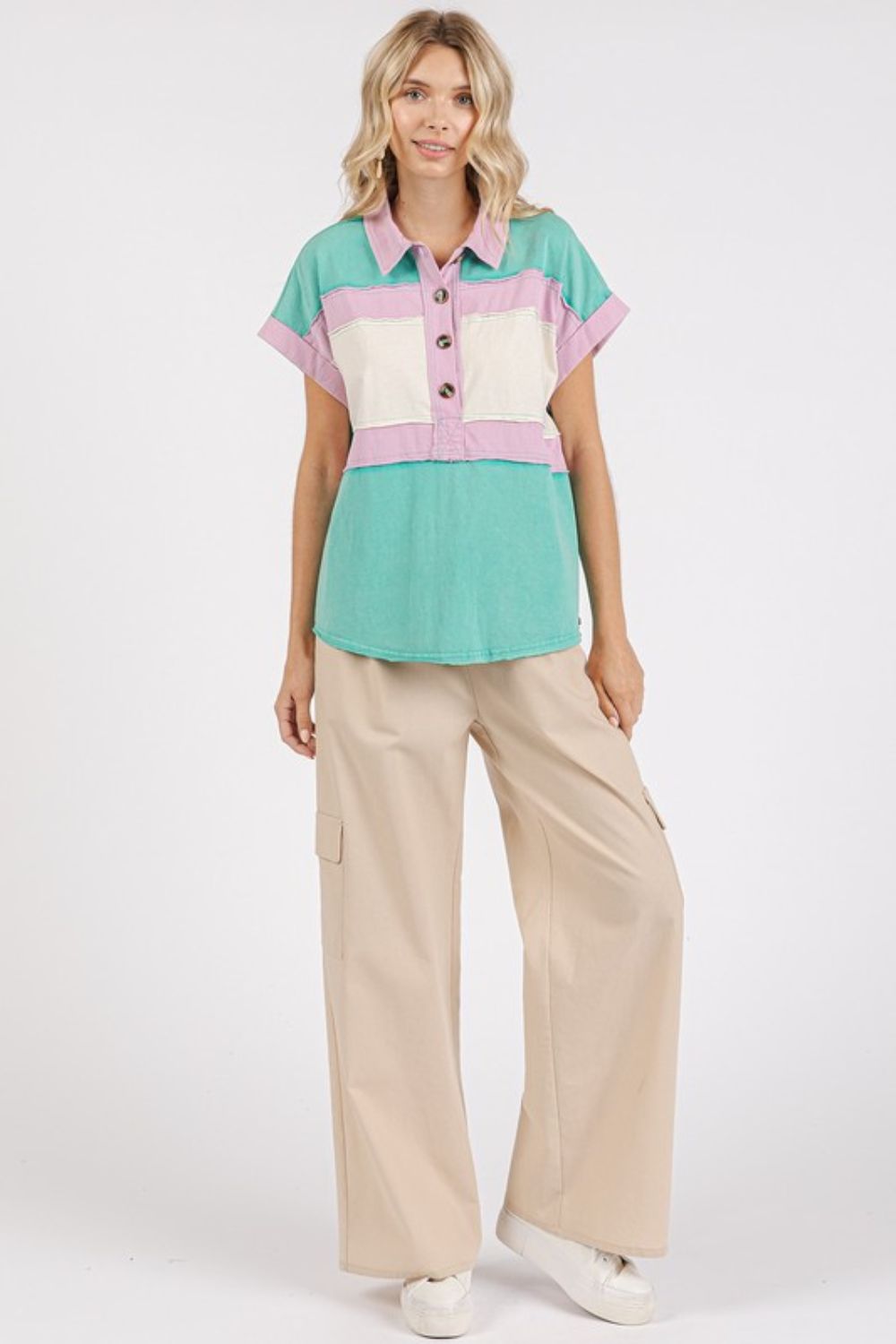 Mittoshop Color Block Henley Short Sleeve Polo Shirt-TOPS / DRESSES-[Adult]-[Female]-2022 Online Blue Zone Planet