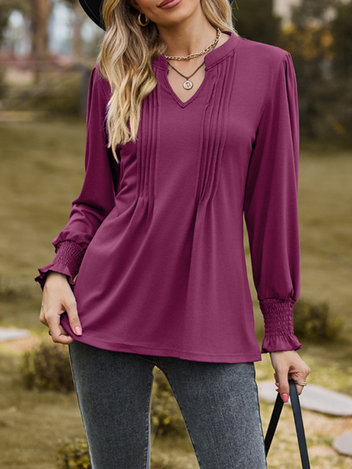 Ruched Notched Long Sleeve T-Shirt-TOPS / DRESSES-[Adult]-[Female]-Deep Purple-S-2022 Online Blue Zone Planet