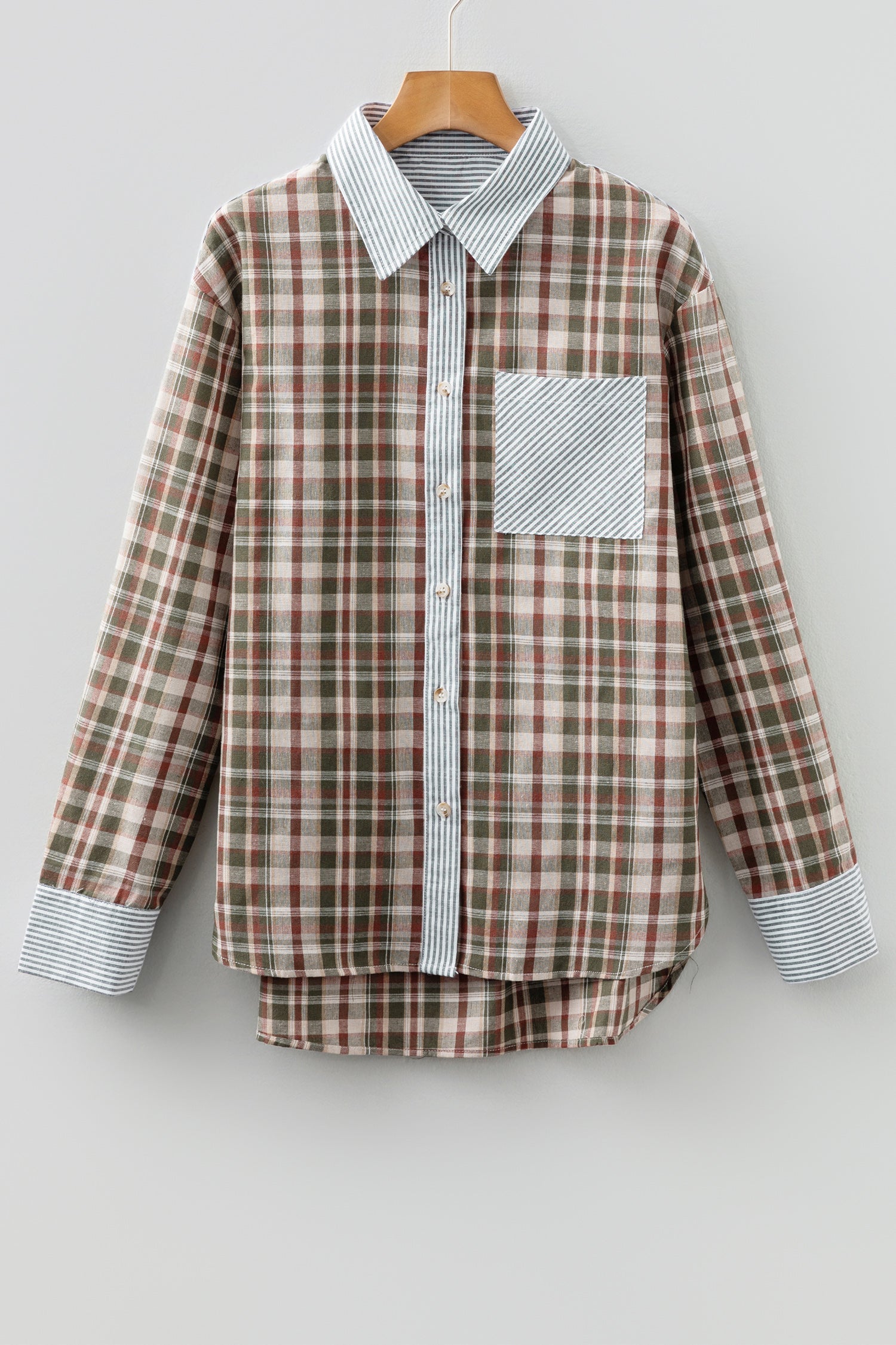 Brown Plaid Print Striped Patchwork Single Chest Pocket Buttoned Shirt-Tops/Blouses & Shirts-[Adult]-[Female]-2022 Online Blue Zone Planet