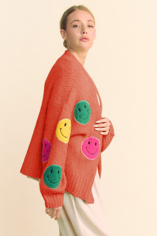 Davi & Dani Fuzzy Smile Open Front Long Sleeve Cardigan-TOPS / DRESSES-[Adult]-[Female]-2022 Online Blue Zone Planet