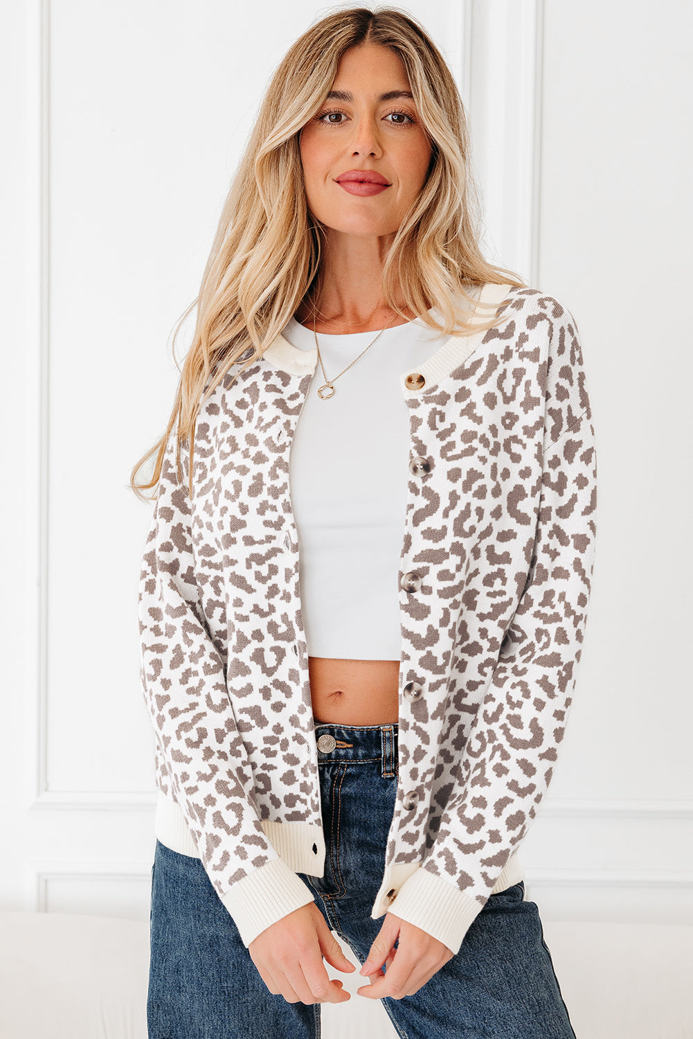 Khaki Leopard Drop Shoulder Chunky Knitted Cardigan Sweater-TOPS / DRESSES-[Adult]-[Female]-Khaki-S-2022 Online Blue Zone Planet