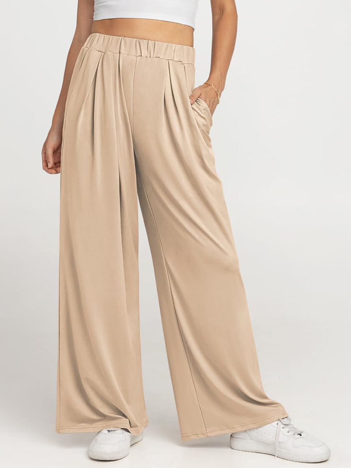 Elastic Waist Wide Leg Pants-BOTTOMS SIZES SMALL MEDIUM LARGE-[Adult]-[Female]-2022 Online Blue Zone Planet