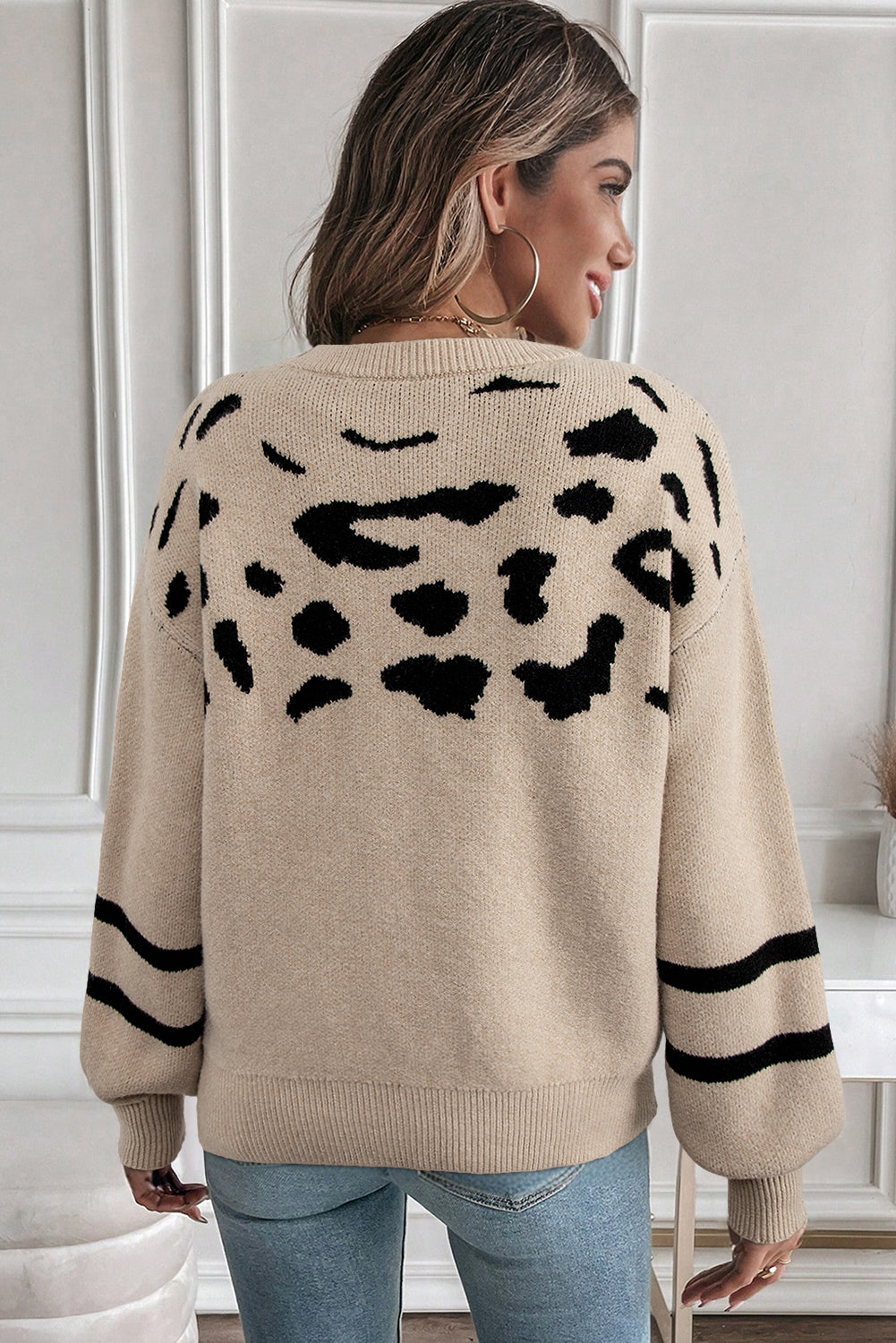 Khaki Leopard Striped Detail Drop Shoulder Sweater-TOPS / DRESSES-[Adult]-[Female]-2022 Online Blue Zone Planet