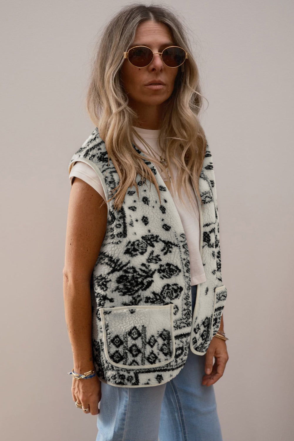 Beige Sherpa Paisley Print Pocketed Western Fashion Vest Jacket-TOPS / DRESSES-[Adult]-[Female]-2022 Online Blue Zone Planet
