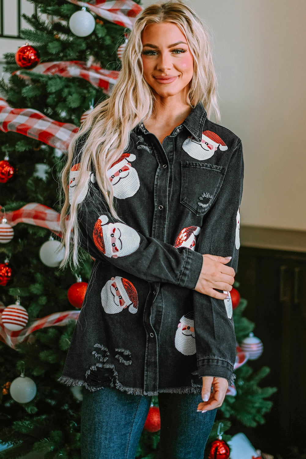 Black Sequined Santa Claus Graphic Frayed Denim Jacket-Outerwear/Denim jackets-[Adult]-[Female]-2022 Online Blue Zone Planet