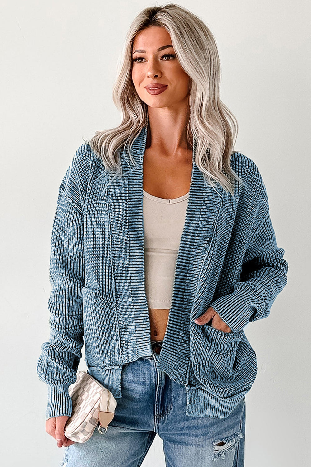 Chestnut Mineral Wash Exposed Seam Patchwork Knit Open Sweater Cardigan-TOPS / DRESSES-[Adult]-[Female]-2022 Online Blue Zone Planet