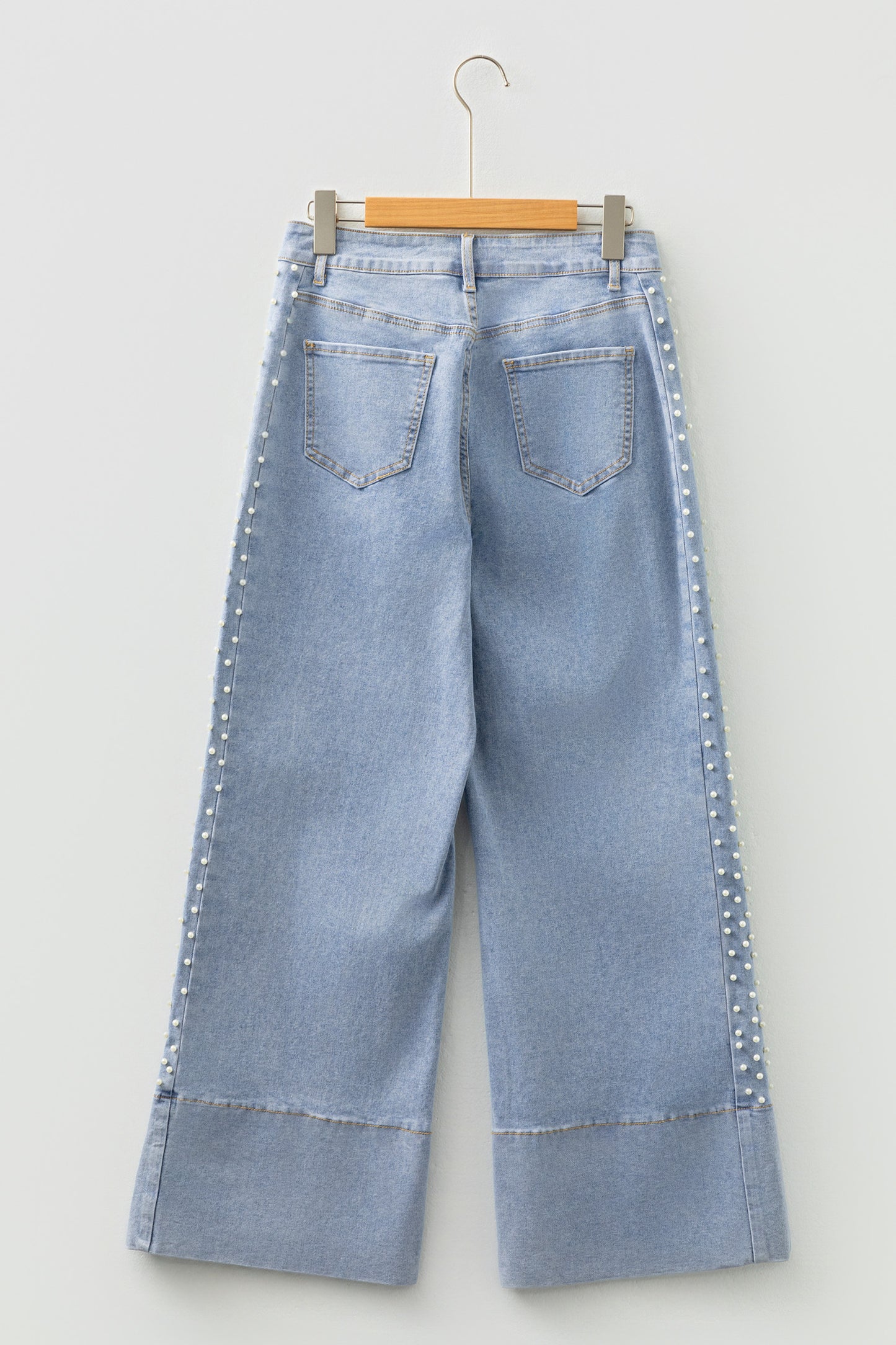 Beau Blue Mid Rise Pearl Embellished Split Wide Leg Jeans-Bottoms/Jeans-[Adult]-[Female]-2022 Online Blue Zone Planet