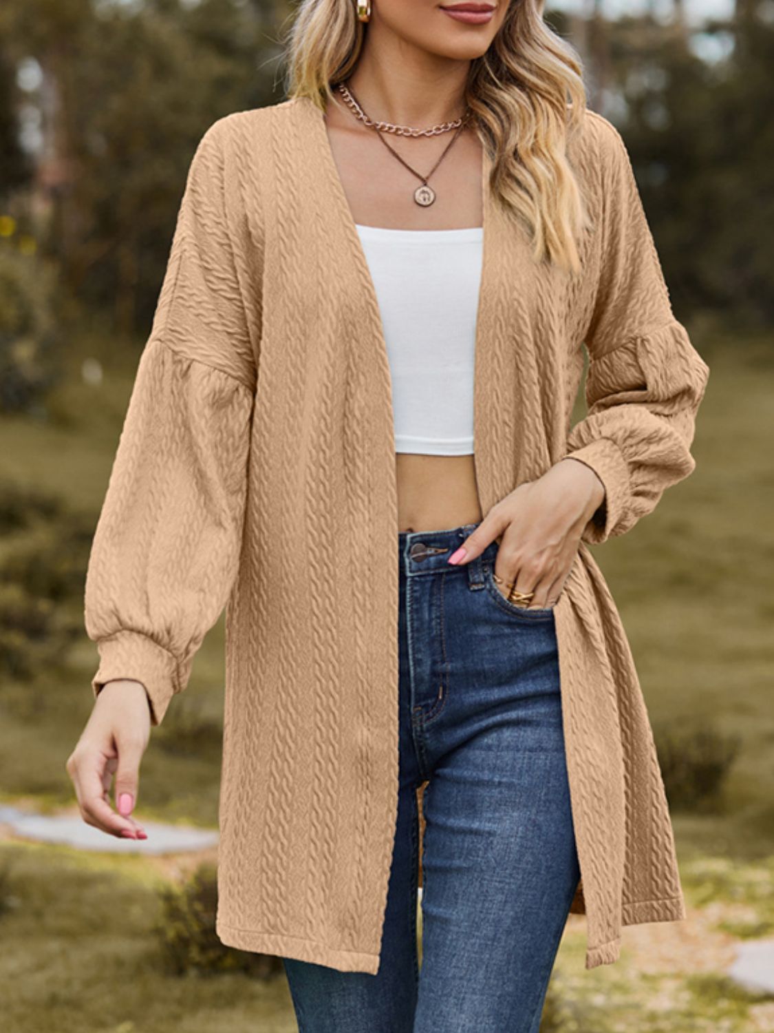 Textured Open Front Dropped Shoulder Cardigan-TOPS / DRESSES-[Adult]-[Female]-2022 Online Blue Zone Planet