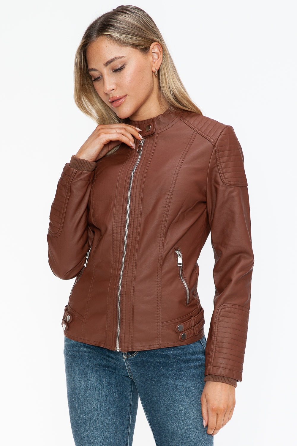 Blue Zone Planet | Snobbish Faux Leather Biker Jacket with Side Zip Pockets-TOPS / DRESSES-[Adult]-[Female]-2022 Online Blue Zone Planet