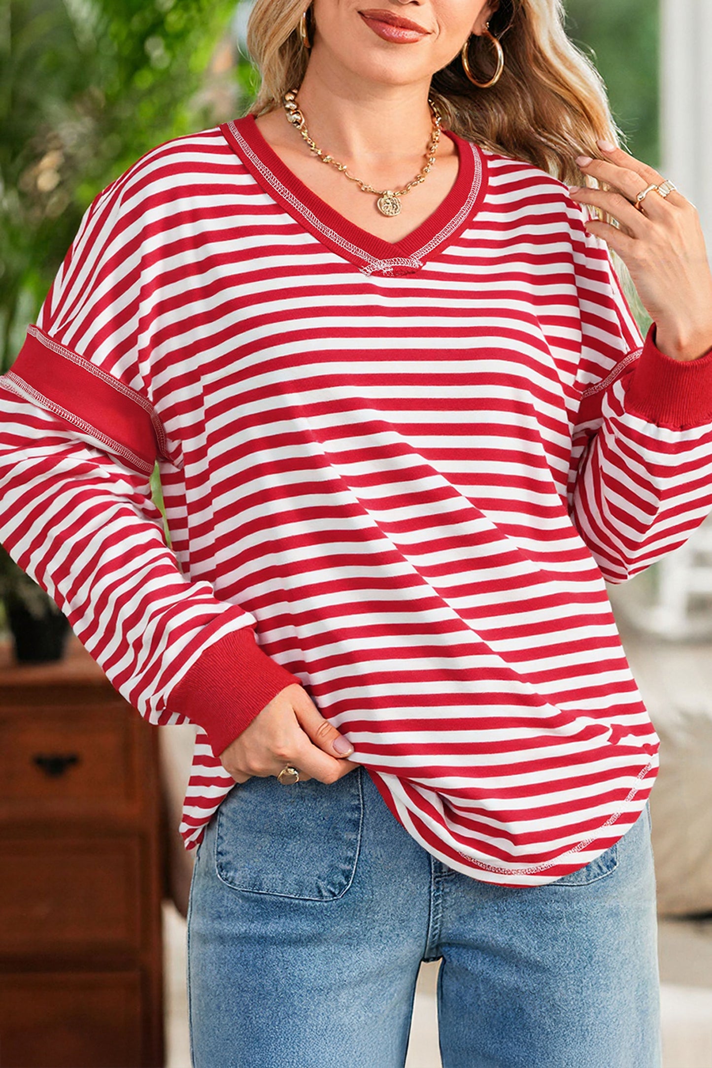 Red Stripe Exposed Seam V Neck Balloon Sleeve Pullover-Tops/Long Sleeve Tops-[Adult]-[Female]-2022 Online Blue Zone Planet