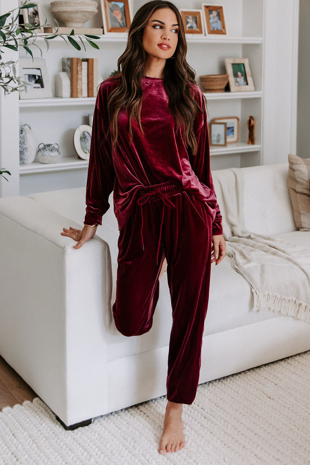 Blue Zone Planet |  Fiery Red Solid Velvet Two Piece Lounge Set