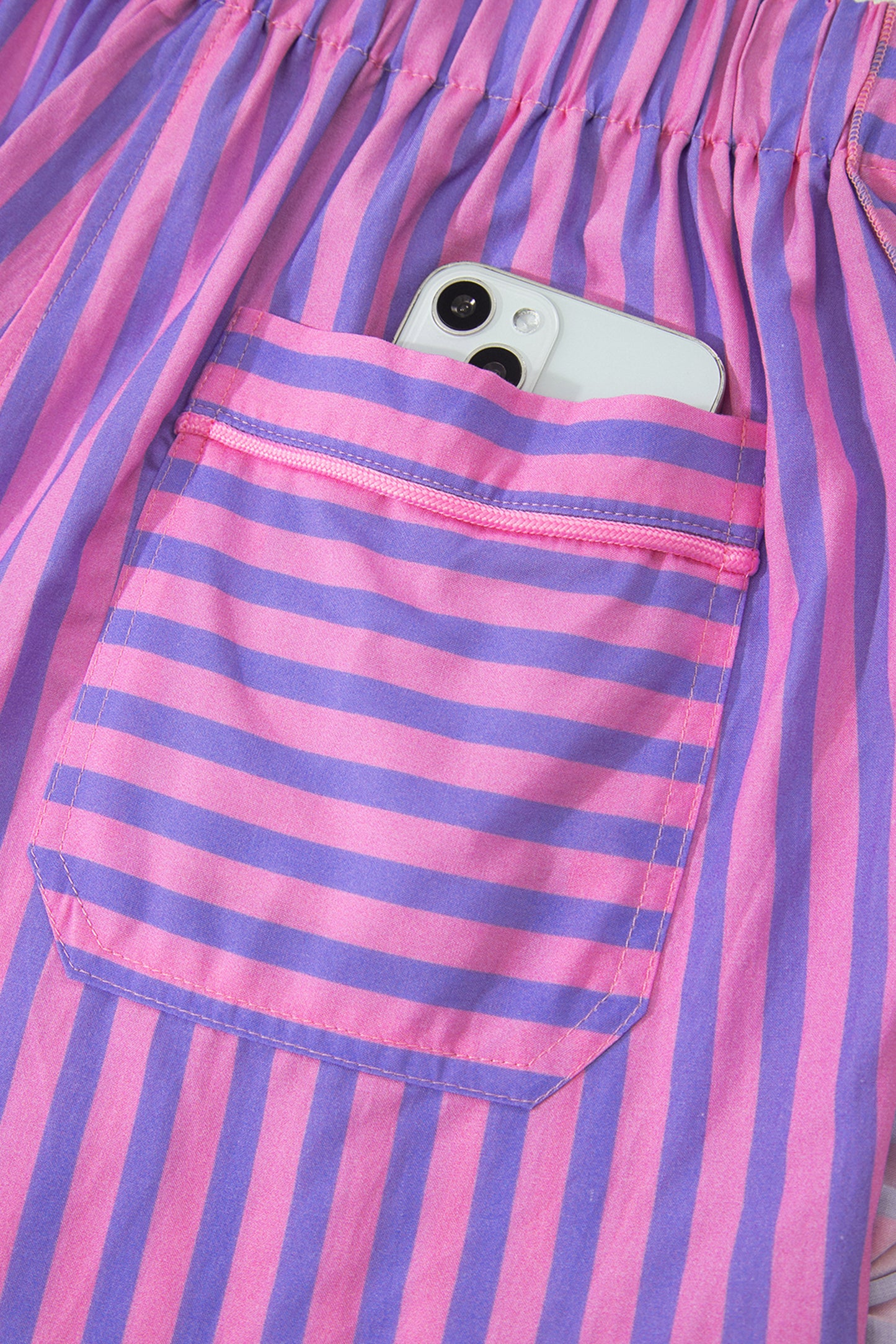 Sky Blue Stripe Elastic Waist Ruffle Trim Casual Shorts-Bottoms/Casual Shorts-[Adult]-[Female]-2022 Online Blue Zone Planet
