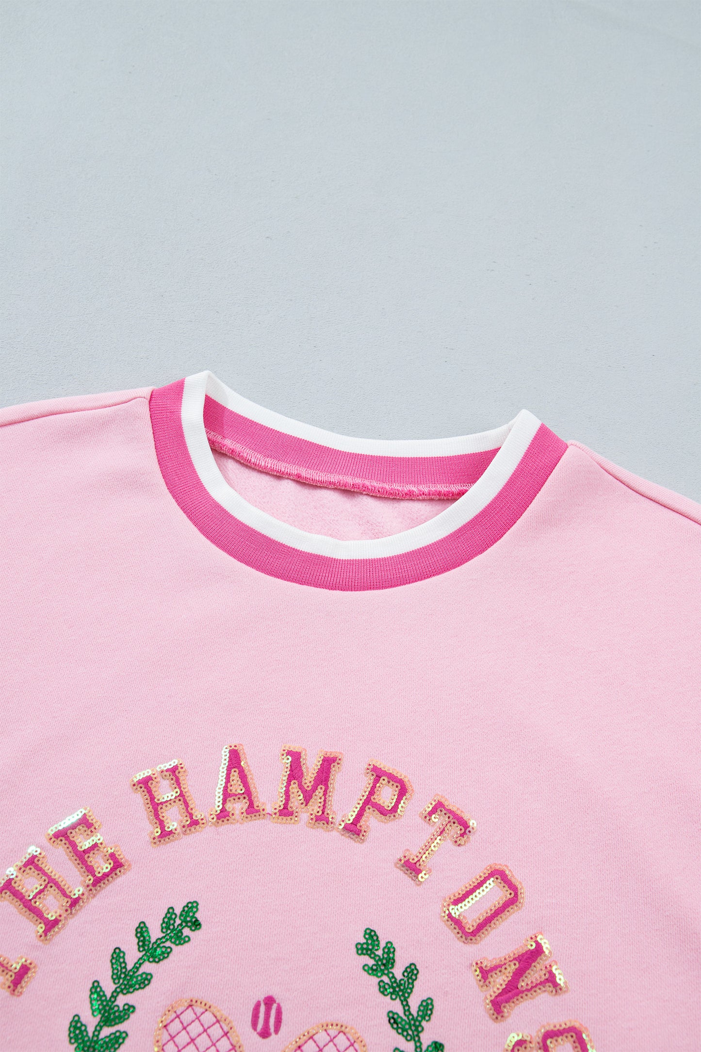 Pink Embroidered Tennis Club Crew Neck Pullover Sweatshirt