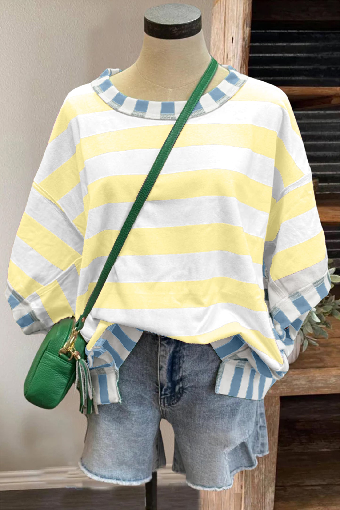 Pink Stripe Exposed Seam Contrast Patchwork Oversized Top-Tops/Tops & Tees-[Adult]-[Female]-2022 Online Blue Zone Planet