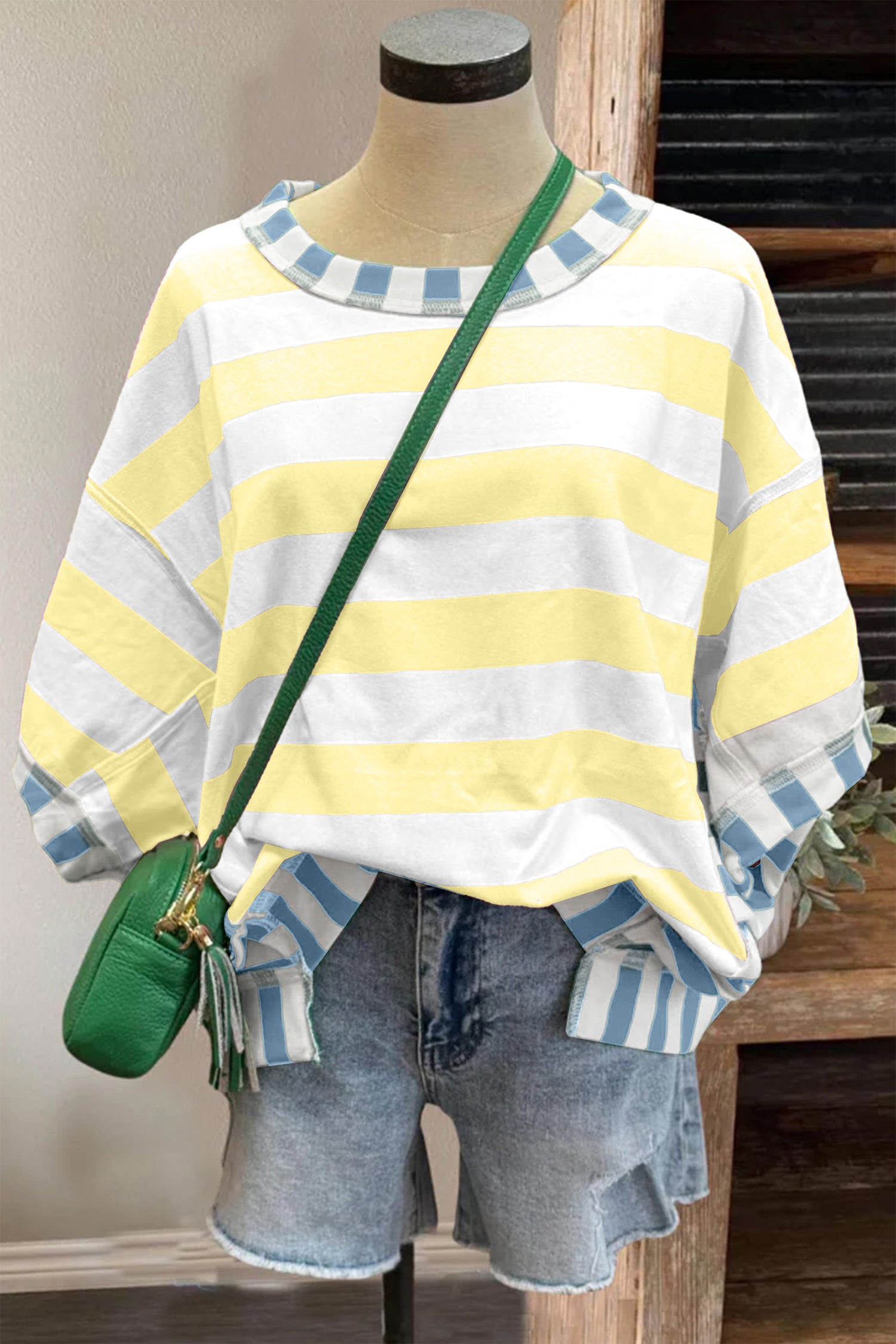 Pink Stripe Exposed Seam Contrast Patchwork Oversized Top-Tops/Tops & Tees-[Adult]-[Female]-2022 Online Blue Zone Planet
