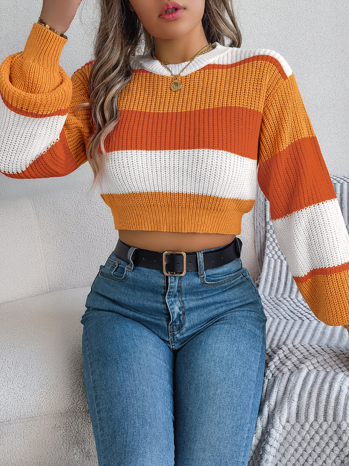 Color Block Round Neck Cropped Sweater-TOPS / DRESSES-[Adult]-[Female]-2022 Online Blue Zone Planet