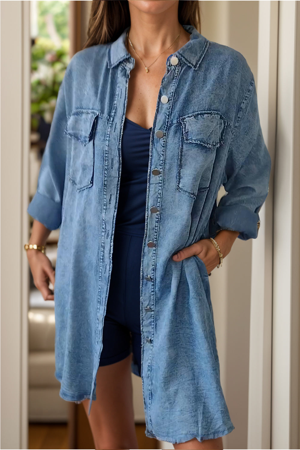 Full Size Pocketed Button Up Long Sleeve Denim Jacket-TOPS / DRESSES-[Adult]-[Female]-2022 Online Blue Zone Planet