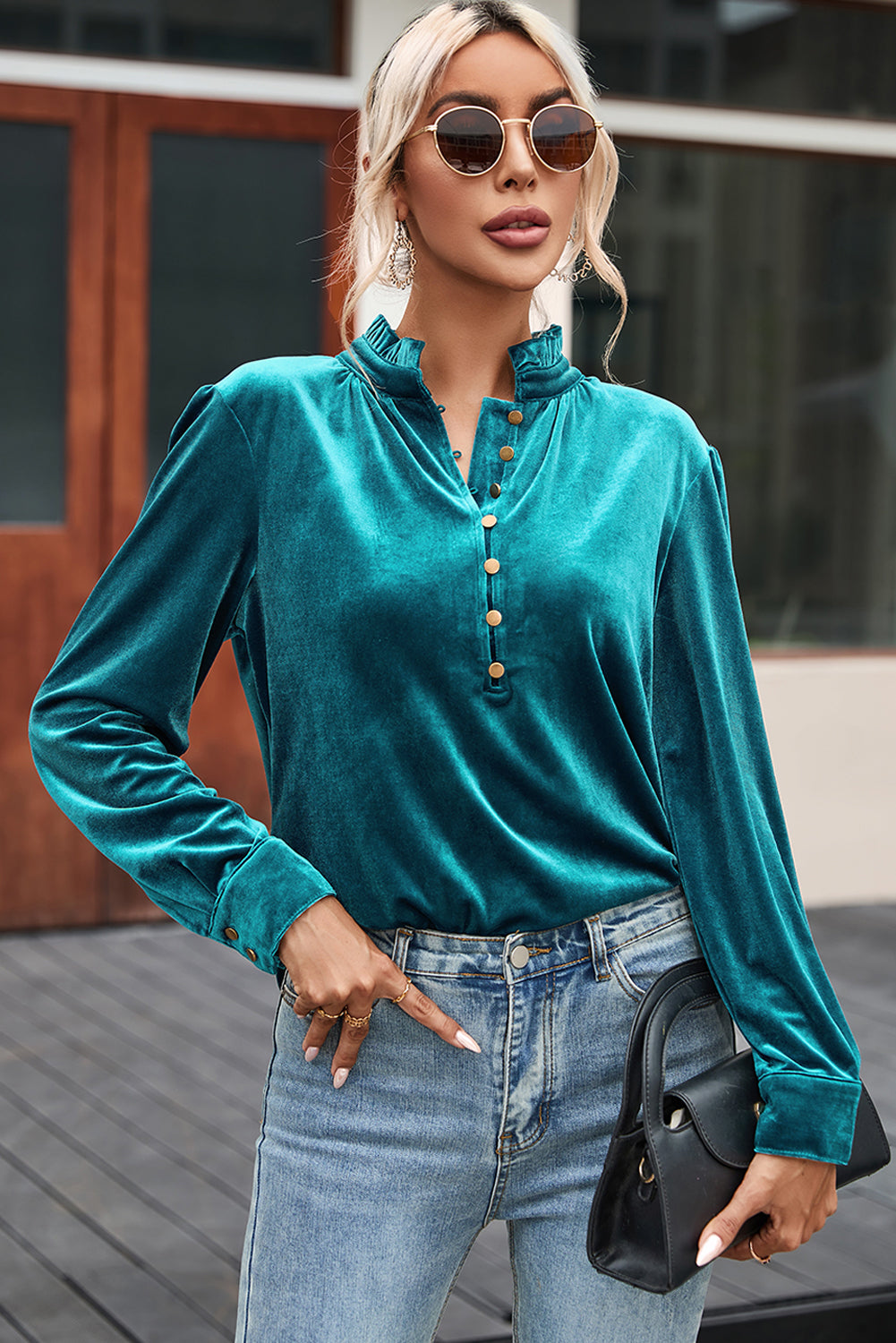 Burgundy Frilled Neck Buttoned Front Velvet Top-Tops/Blouses & Shirts-[Adult]-[Female]-2022 Online Blue Zone Planet