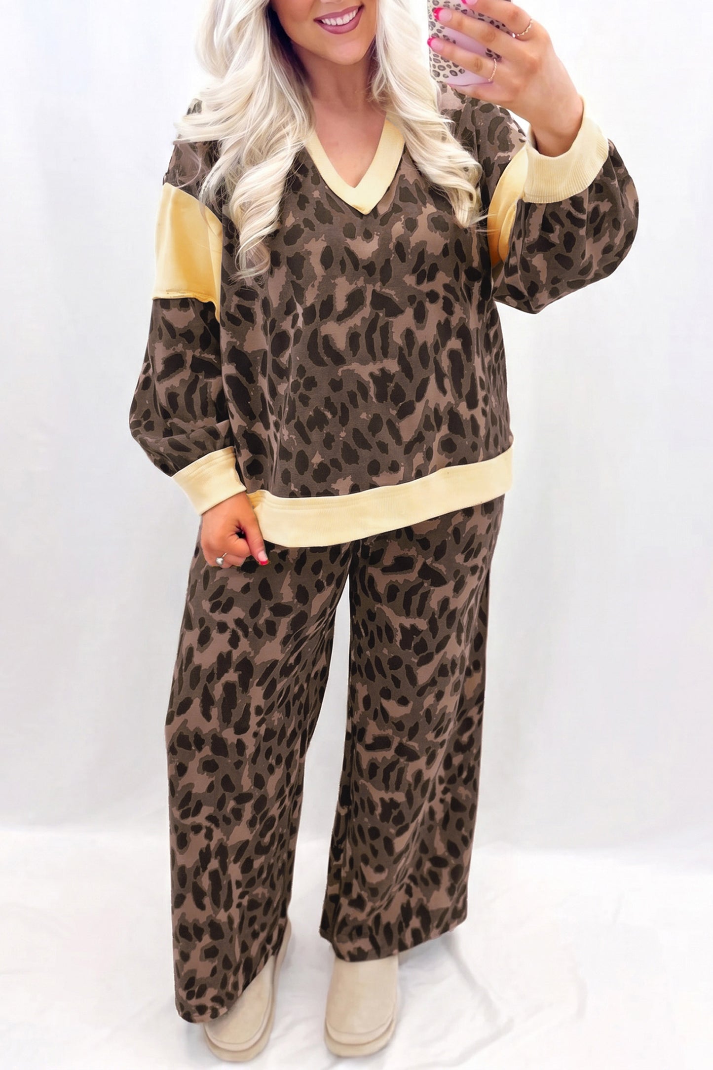 Brown Leopard Print Long Sleeve V-Neck Wide Leg Pant Set