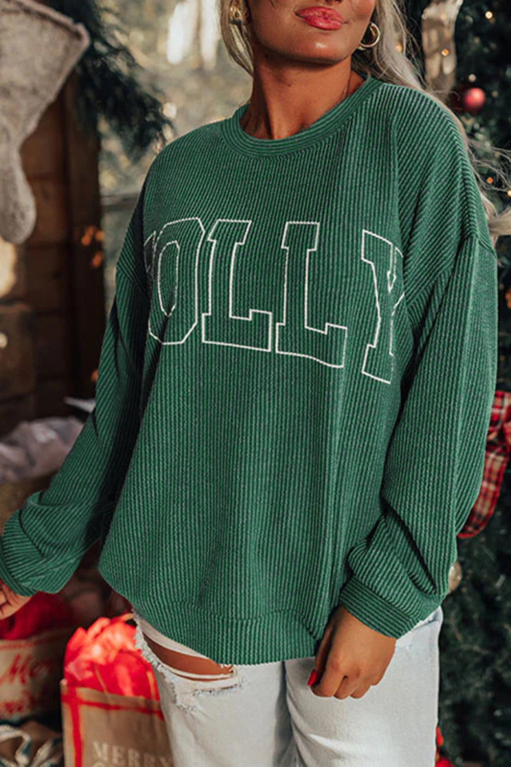 Blackish Green Twisted Rib Merry Letter Graphic Loose Long Sleeve Top-Long Sleeve Tops-[Adult]-[Female]-Blackish Green-L-2022 Online Blue Zone Planet