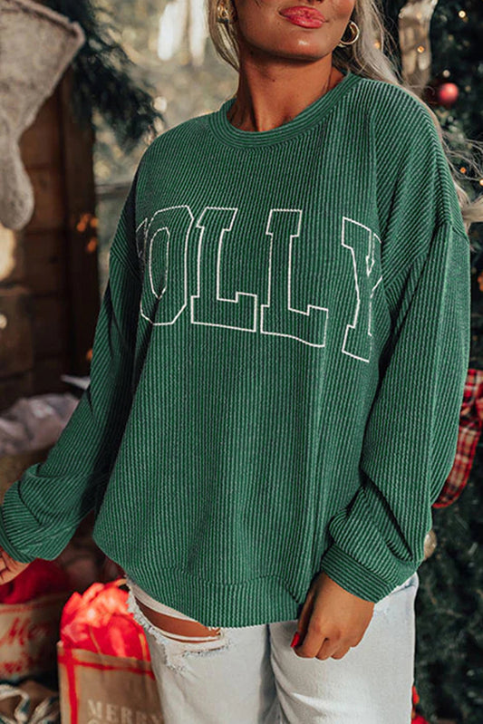 Blackish Green Twisted Rib Merry Letter Graphic Loose Long Sleeve Top-Long Sleeve Tops-[Adult]-[Female]-Blackish Green-L-2022 Online Blue Zone Planet