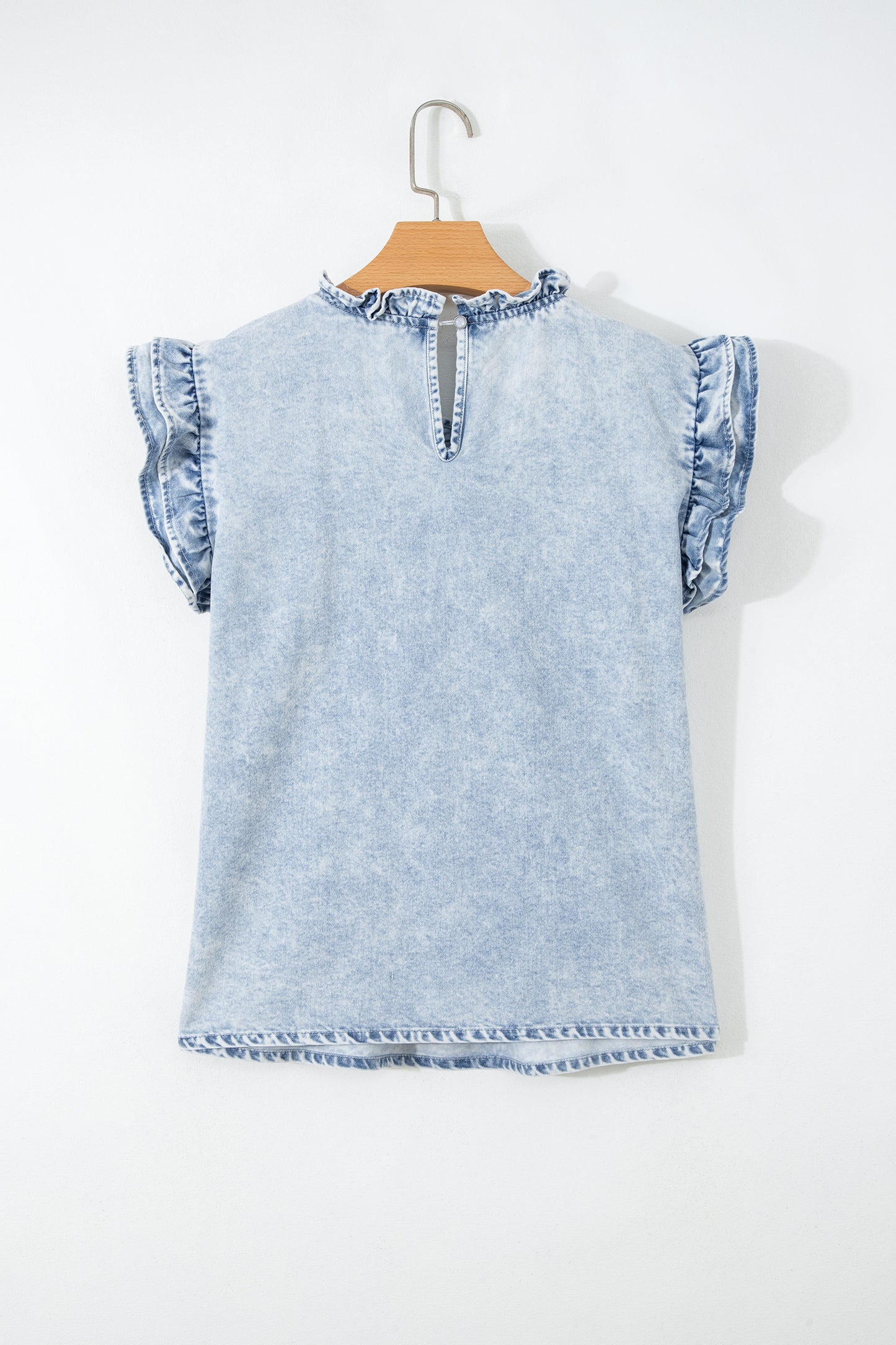 Beau Blue Ruffle Pleated Detail Vintage Washed Denim Top-Tops/Tops & Tees-[Adult]-[Female]-2022 Online Blue Zone Planet